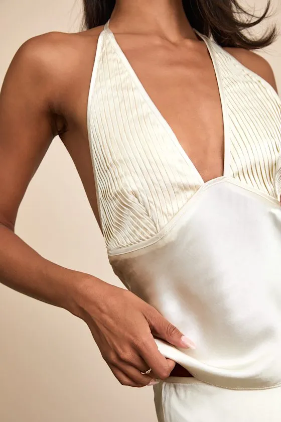 Devon Ivory Satin Pleated Halter Top sold by Lulus product image thumbnail 2