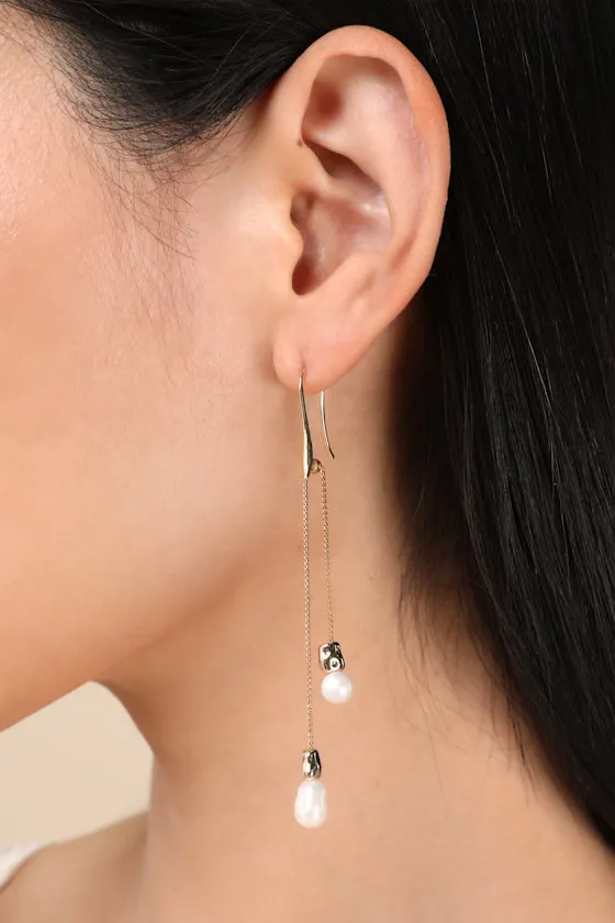 Cassarah Gold and Pearl Drop Earrings sold by Lulus
