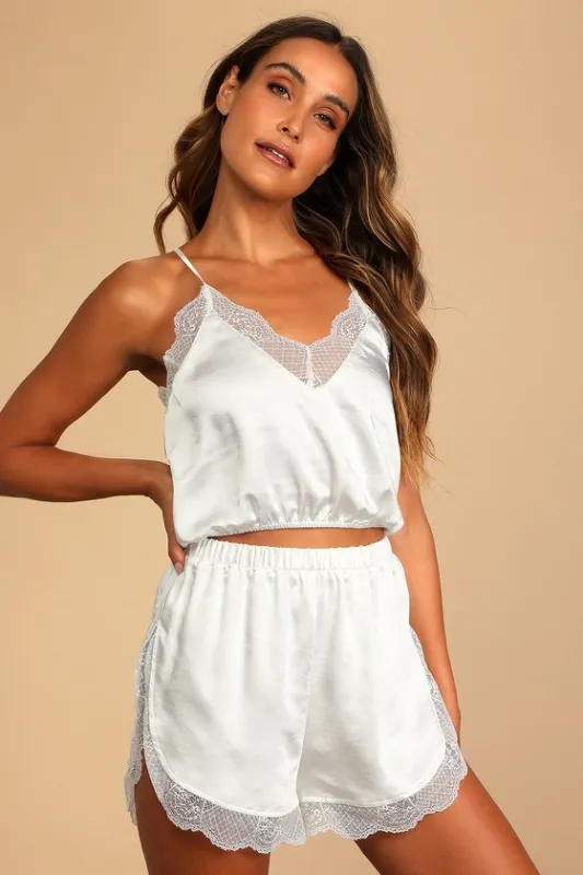 Sweet Nights White Satin Lace Two-Piece Pajama Set sold by Lulus