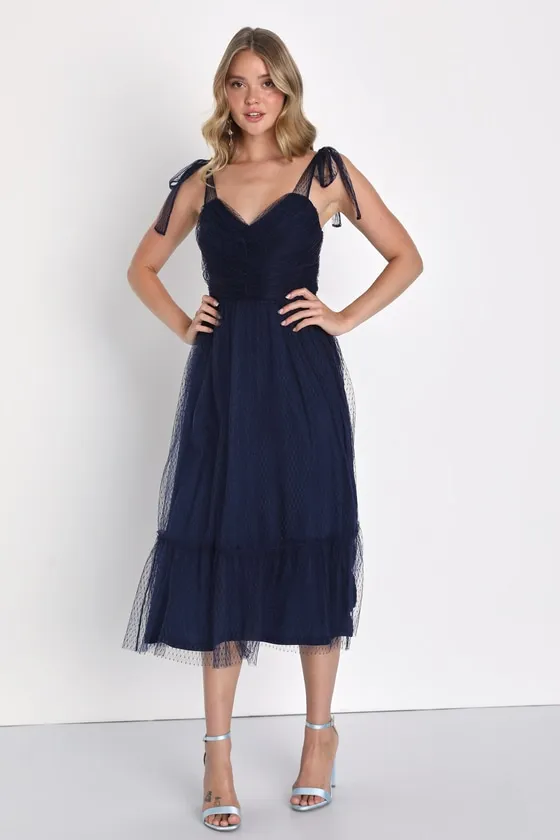 Perfectly Confident Navy Mesh Swiss Dot Tie-Strap Midi Dress sold by Lulus