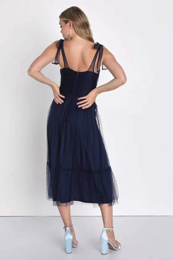 Perfectly Confident Navy Mesh Swiss Dot Tie-Strap Midi Dress sold by Lulus product image thumbnail 2