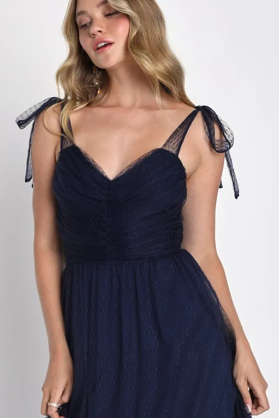Perfectly Confident Navy Mesh Swiss Dot Tie-Strap Midi Dress sold by Lulus product image thumbnail 3