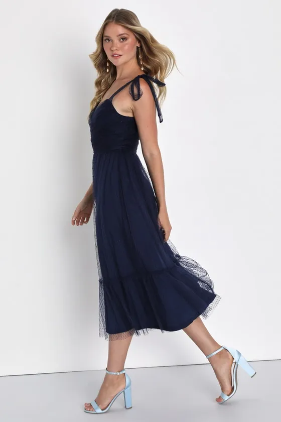 Perfectly Confident Navy Mesh Swiss Dot Tie-Strap Midi Dress sold by Lulus product image thumbnail 4