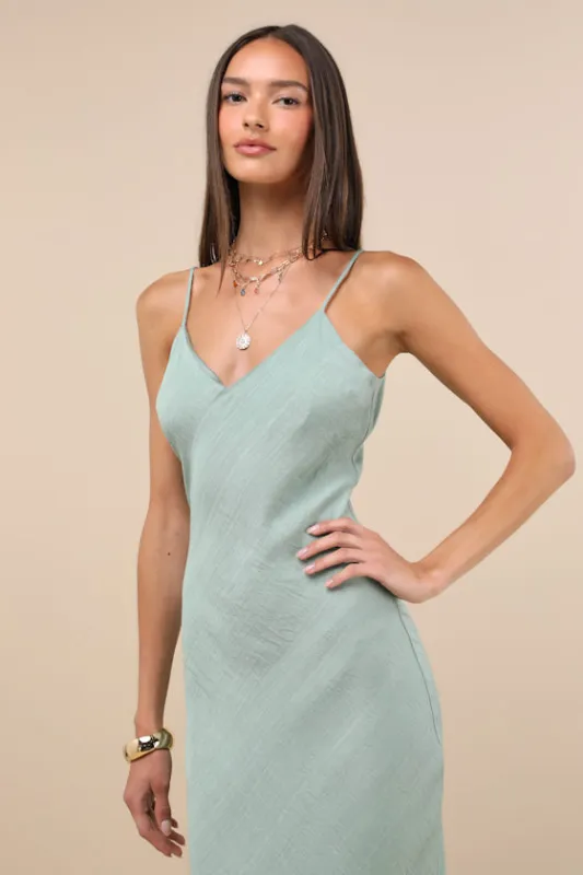 Tamia Sage Textured Sleeveless Midi Slip Dress sold by Lulus