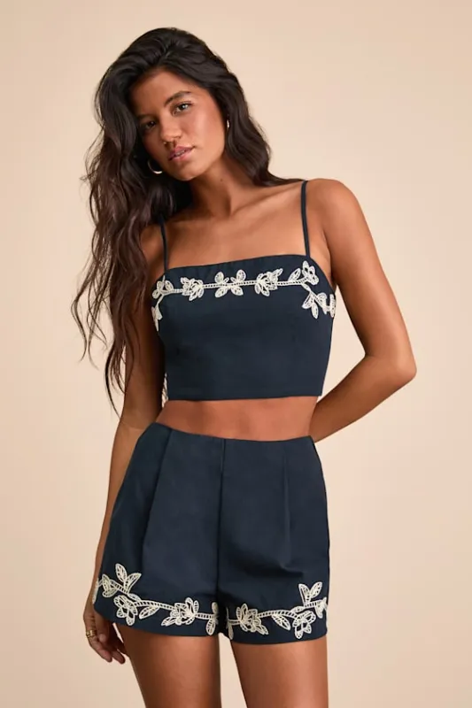 Sarella Navy Cotton High-Rise Embroidered Shorts sold by Lulus