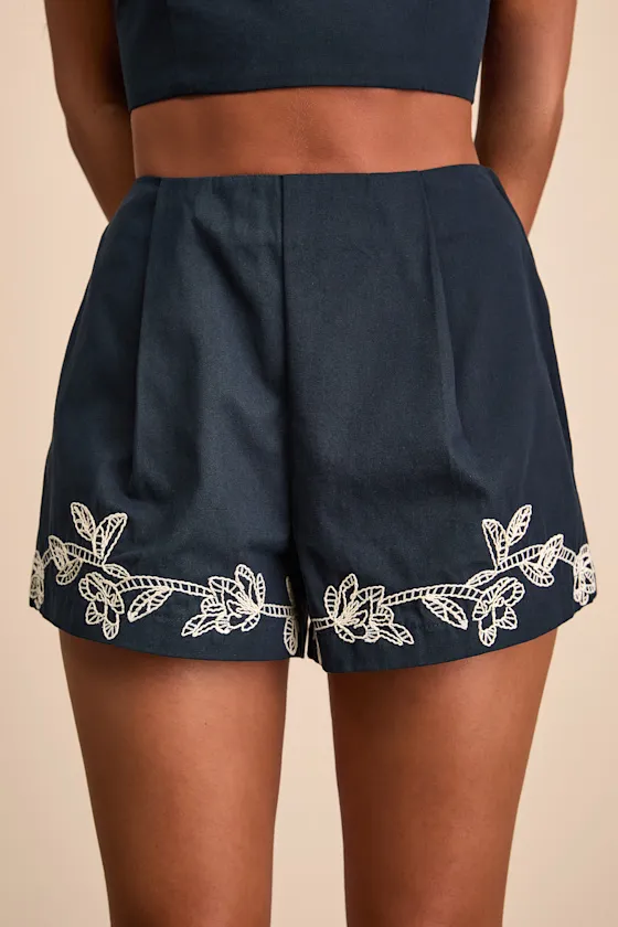 Sarella Navy Cotton High-Rise Embroidered Shorts sold by Lulus product image thumbnail 2