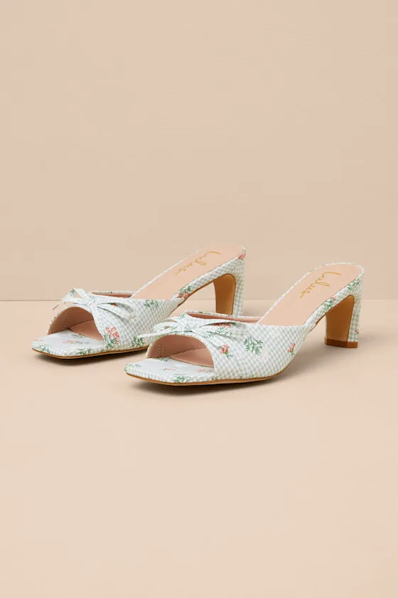 Gilzean Green Gingham Bow High Heel Slide Sandals sold by Lulus