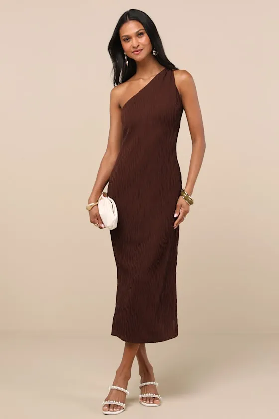 Aristea Brown Textured One-Shoulder Midi Dress sold by Lulus