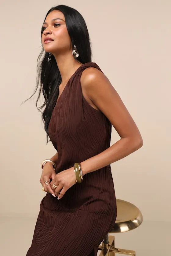 Aristea Brown Textured One-Shoulder Midi Dress sold by Lulus product image thumbnail 2