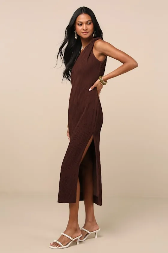 Aristea Brown Textured One-Shoulder Midi Dress sold by Lulus product image thumbnail 3