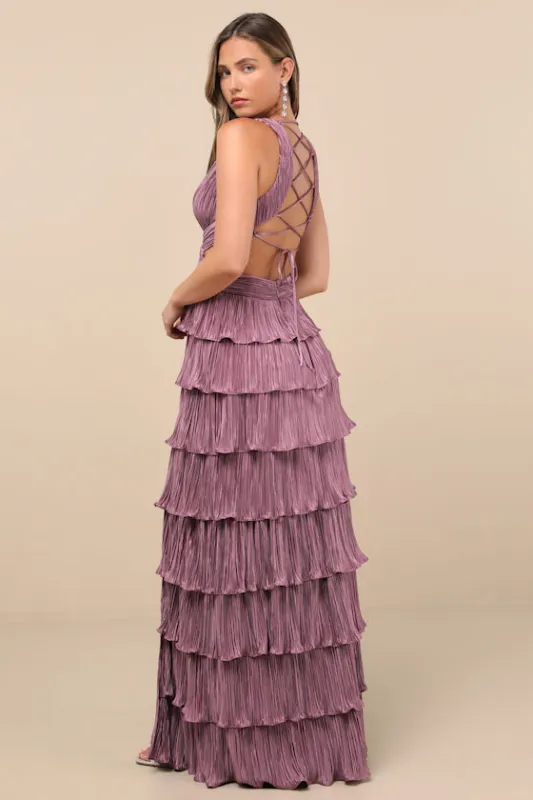 Beauty Icon Dusty Purple Satin Pleated Tiered Lace-Up Maxi Dress sold by Lulus