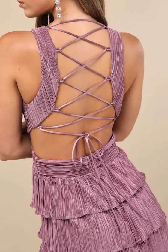 Beauty Icon Dusty Purple Satin Pleated Tiered Lace-Up Maxi Dress sold by Lulus product image thumbnail 2
