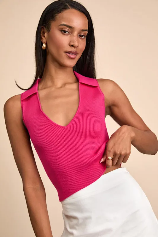 Rhaella Hot Pink Ribbed Collared Crop Sweater Tank Top sold by Lulus