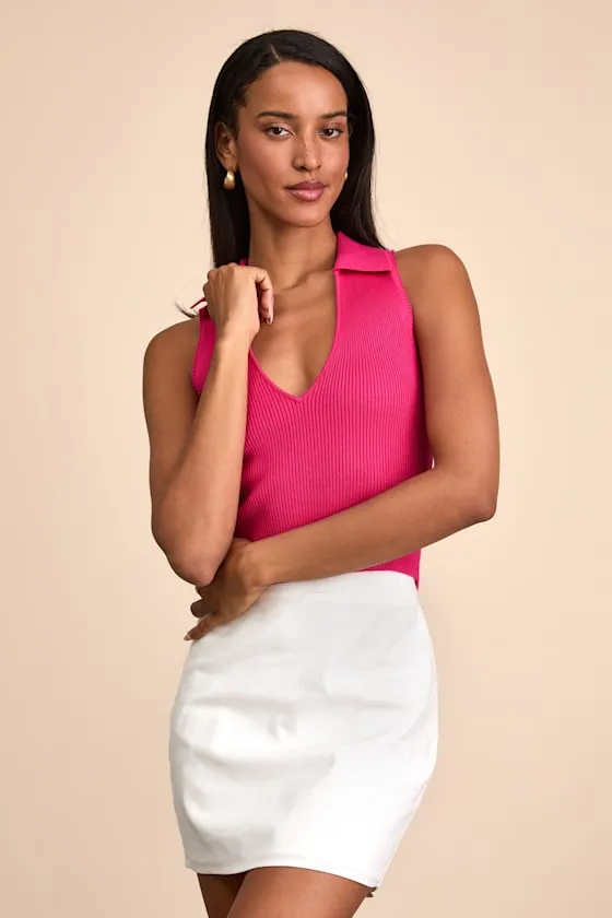 Rhaella Hot Pink Ribbed Collared Crop Sweater Tank Top sold by Lulus product image thumbnail 3