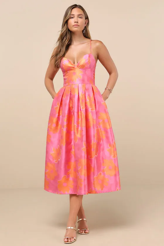 Vivinna Pink and Orange Floral Jacquard Pleated Midi Dress sold by Lulus