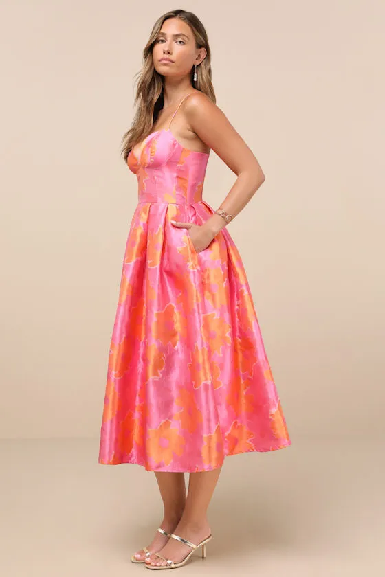 Vivinna Pink and Orange Floral Jacquard Pleated Midi Dress sold by Lulus product image thumbnail 3