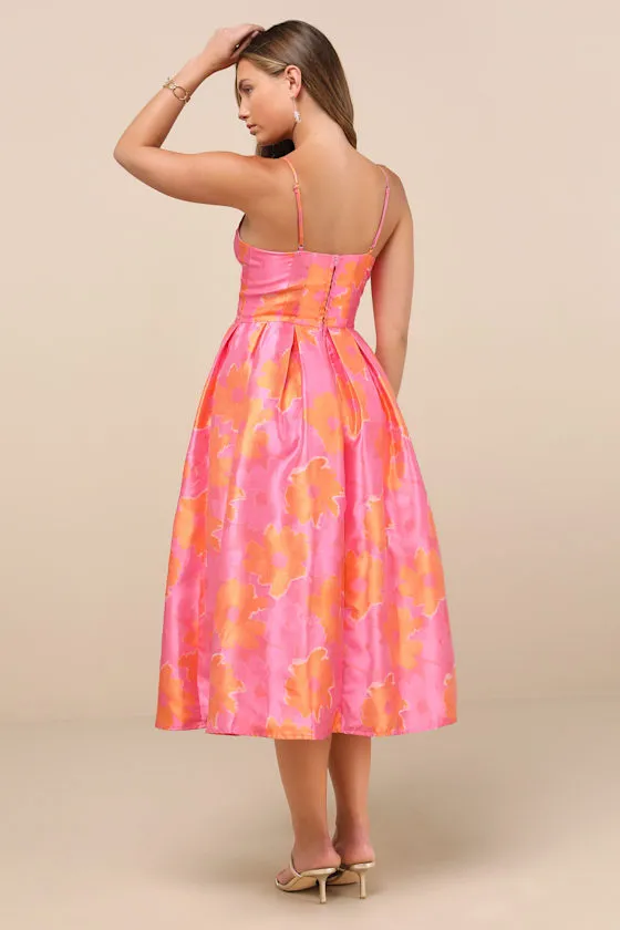 Vivinna Pink and Orange Floral Jacquard Pleated Midi Dress sold by Lulus product image thumbnail 4