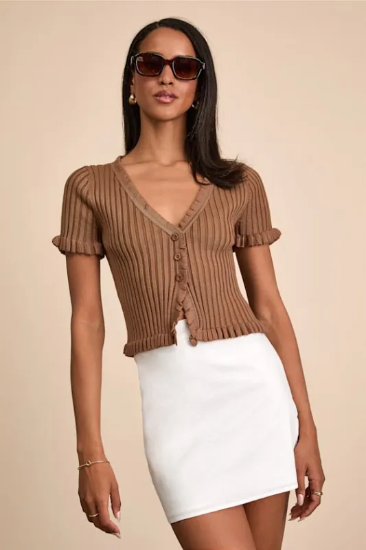Keighlen Brown Ribbed Ruffled Short Sleeve Sweater Top sold by Lulus