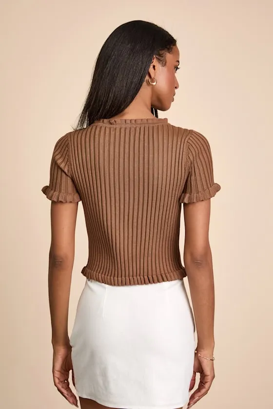 Keighlen Brown Ribbed Ruffled Short Sleeve Sweater Top sold by Lulus product image thumbnail 2