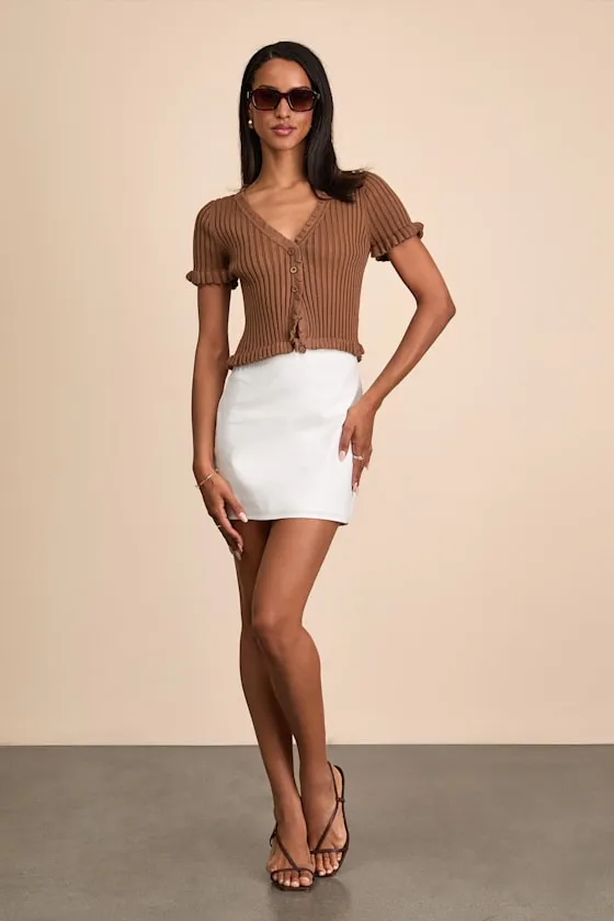 Keighlen Brown Ribbed Ruffled Short Sleeve Sweater Top sold by Lulus product image thumbnail 3