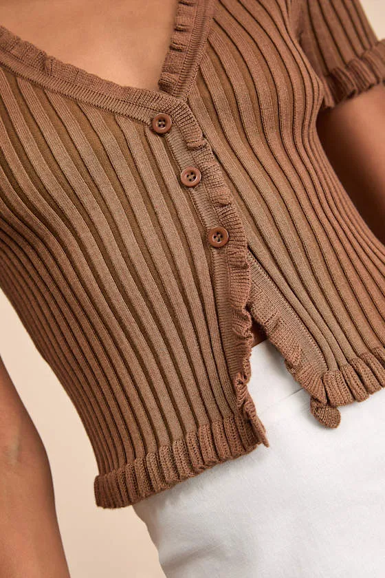 Keighlen Brown Ribbed Ruffled Short Sleeve Sweater Top sold by Lulus product image thumbnail 4