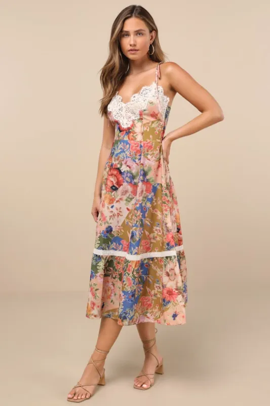 Ardith Light Pink Multi Floral Lace Tie-Strap Midi Dress sold by Lulus