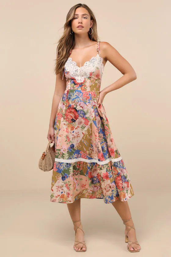 Ardith Light Pink Multi Floral Lace Tie-Strap Midi Dress sold by Lulus product image thumbnail 4