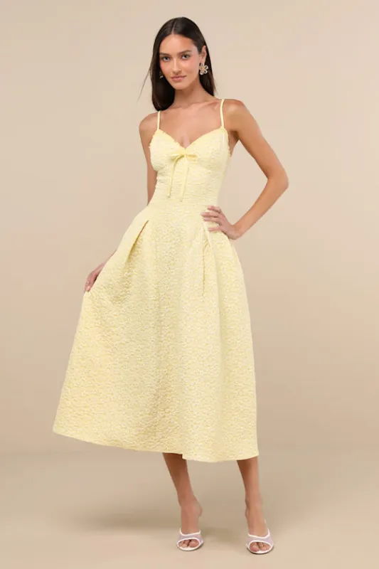 Ninetta Light Yellow Floral Jacquard Lace-Up Midi Dress sold by Lulus