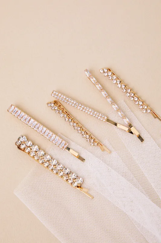 Lainey Gold Rhinestone Six-Piece Hair Pin Set sold by Lulus
