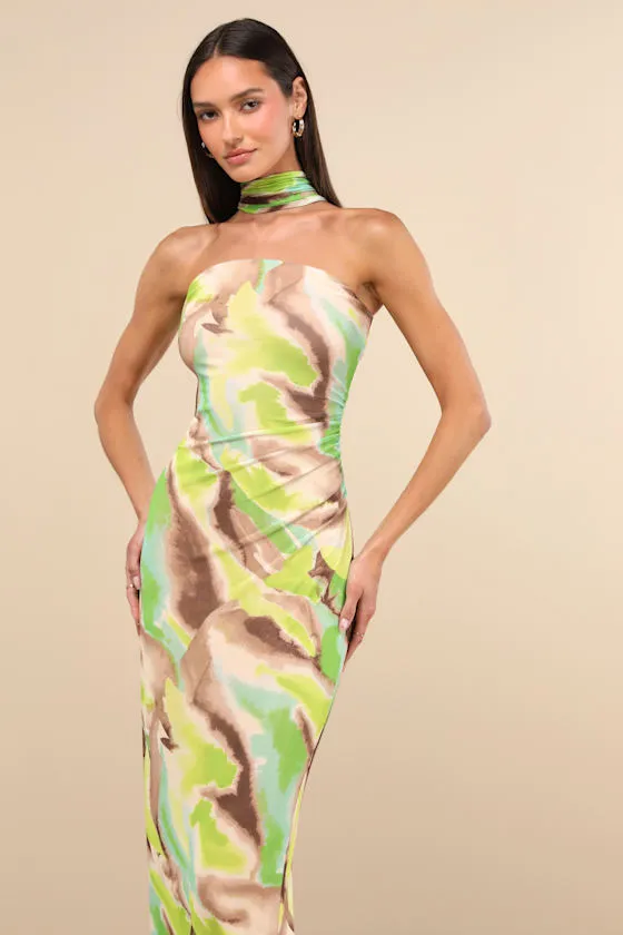 Adria Green Multi Abstract Print Mesh Maxi Dress sold by Lulus