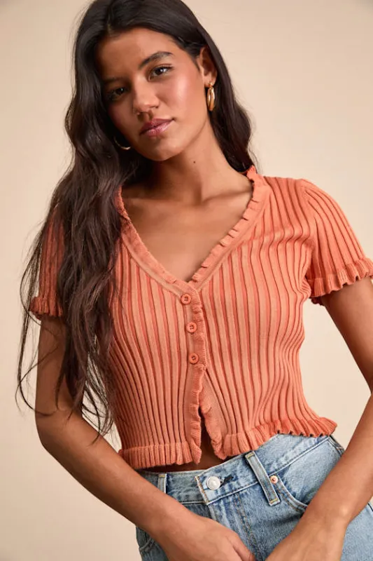 Keighlen Rust Orange Ribbed Ruffled Short Sleeve Sweater Top made by Lulus