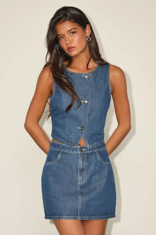 Dayton Medium Wash Denim Mini Skirt sold by Lulus