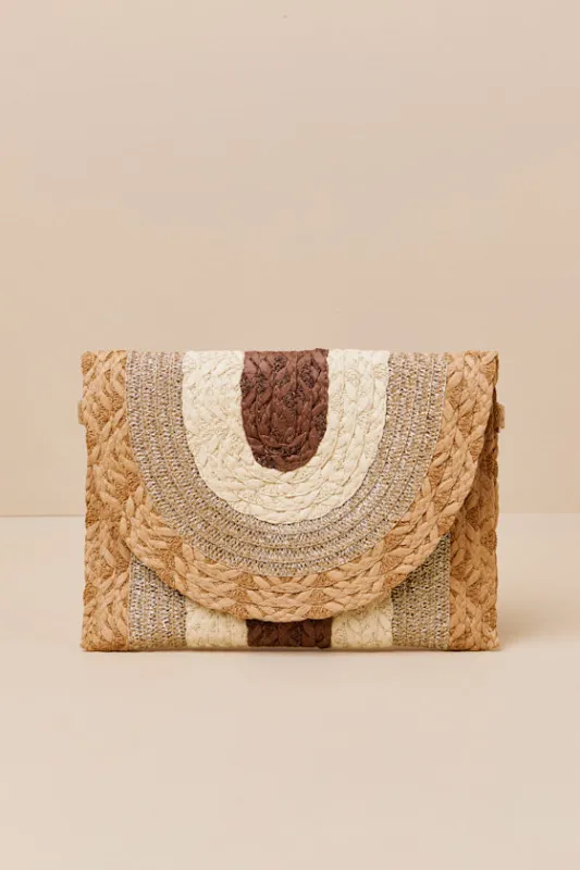 Ketta Brown Multi Raffia Woven Clutch sold by Lulus