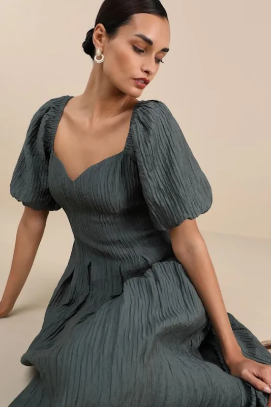 Heavenly Energy Dark Slate Textured Puff Sleeve Midi Dress sold by Lulus