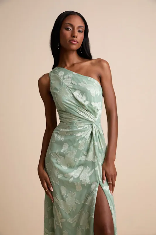 Renni Sage Green Floral Jacquard One-Shoulder Maxi Dress sold by Lulus