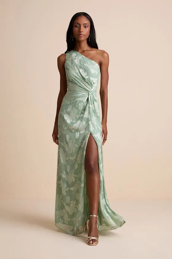 Renni Sage Green Floral Jacquard One-Shoulder Maxi Dress sold by Lulus product image thumbnail 2