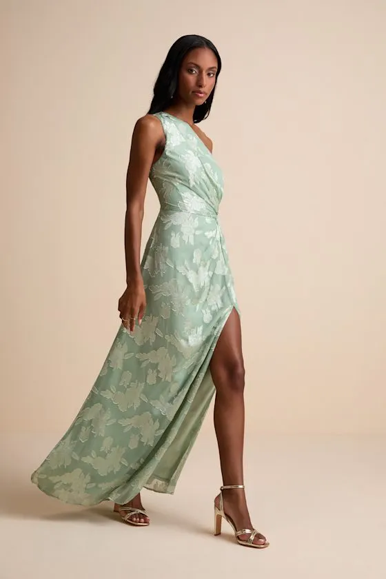 Renni Sage Green Floral Jacquard One-Shoulder Maxi Dress sold by Lulus product image thumbnail 4