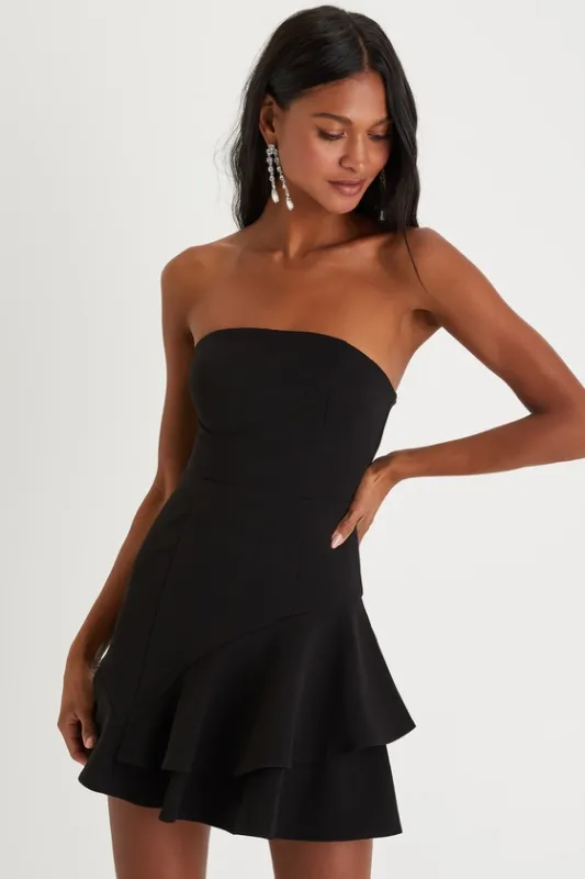 Sultry Intentions Black Strapless Ruffled Mini Dress sold by Lulus