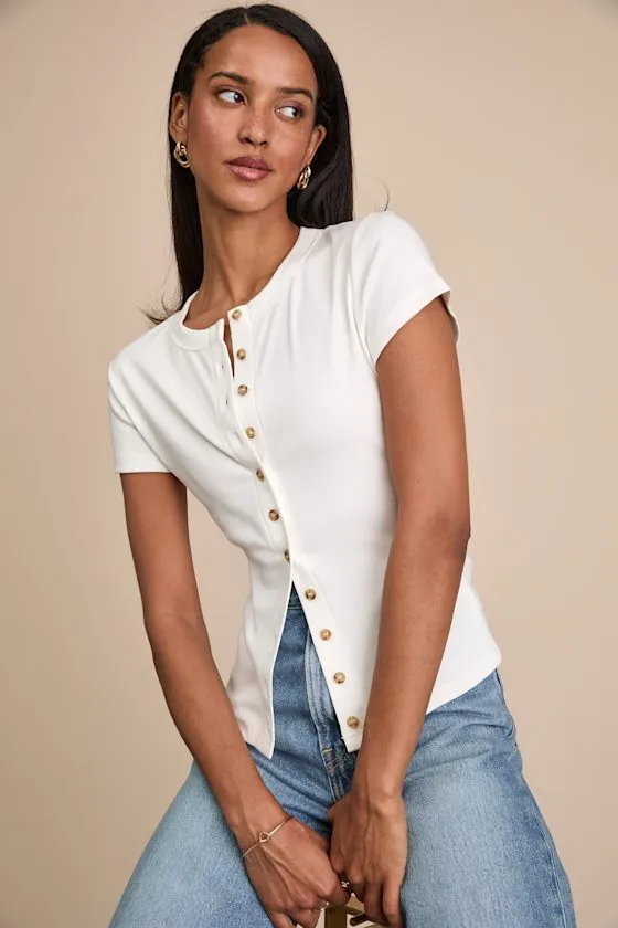 Annalena White Ribbed Button-Front Short Sleeve Top sold by Lulus