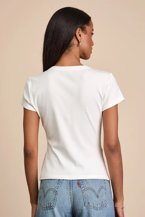 Annalena White Ribbed Button-Front Short Sleeve Top sold by Lulus product image thumbnail 3