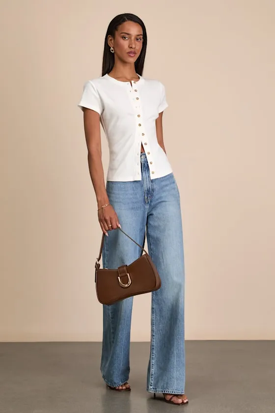 Annalena White Ribbed Button-Front Short Sleeve Top sold by Lulus product image thumbnail 4