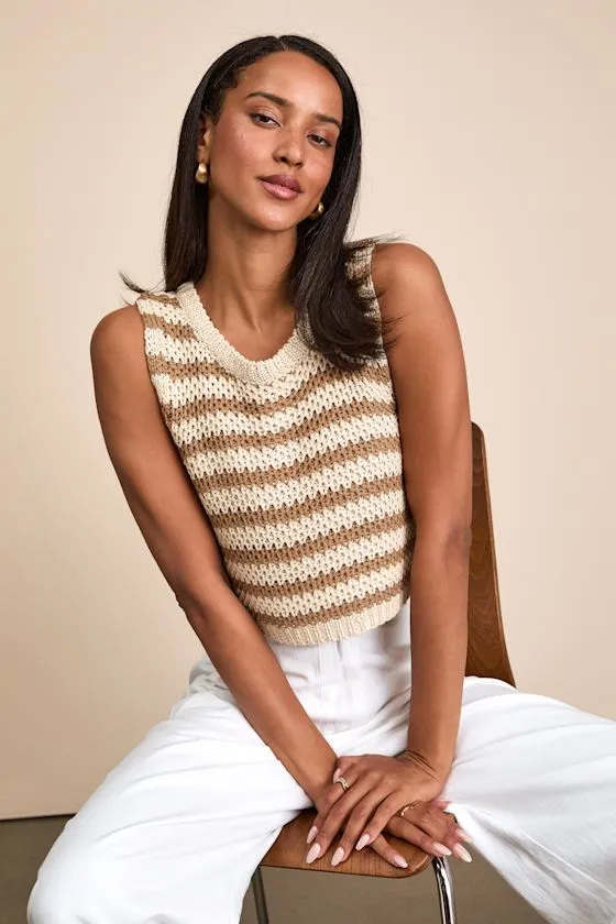 Marielle Beige and Brown Striped Crop Sweater Tank Top sold by Lulus