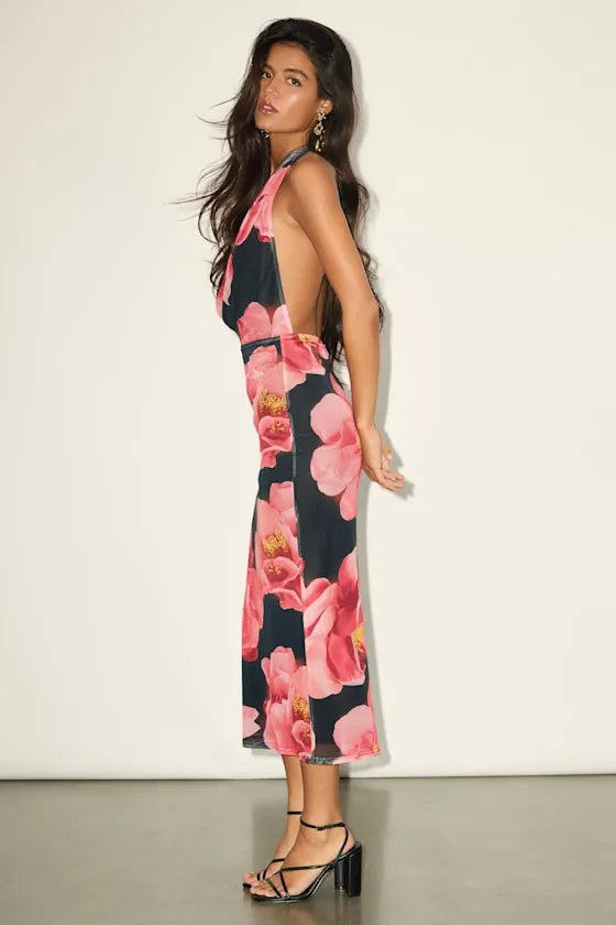 Leonia Black Floral Mesh Cowl Halter Midi Dress sold by Lulus product image thumbnail 3