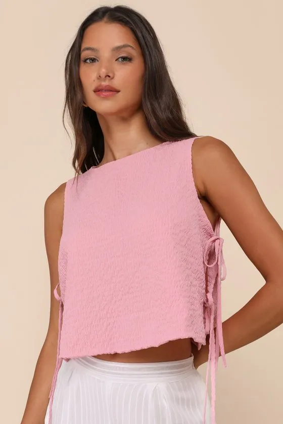 Flirty Bliss Pink Smocked Side-Tie Sleeveless Top sold by Lulus product image thumbnail 2