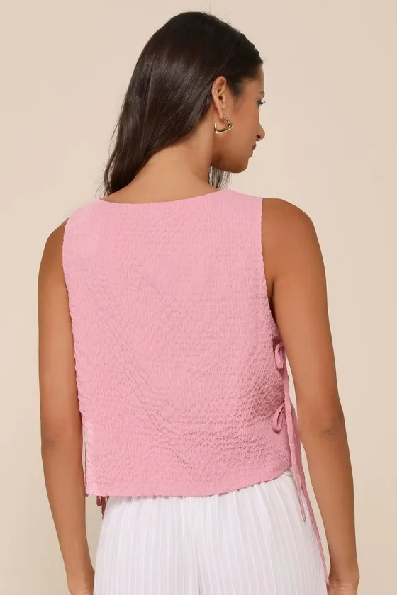 Flirty Bliss Pink Smocked Side-Tie Sleeveless Top sold by Lulus product image thumbnail 3