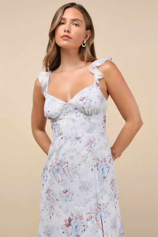 Delightful Direction Blue Floral Ruffled Tie-Strap Midi Dress sold by Lulus