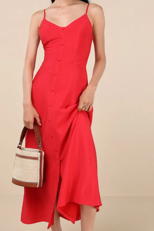 Sanya Red Button-Front Sleeveless Midi Dress sold by Lulus