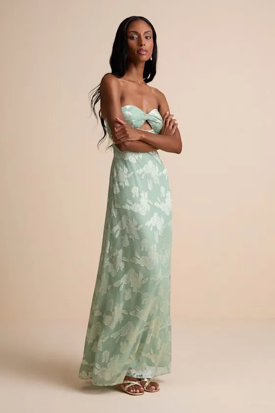 Danae Sage Green Floral Jacquard Strapless Maxi Dress sold by Lulus