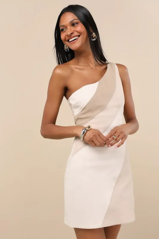 Tara Ivory Color Block One-Shoulder Mini Dress made by Lulus