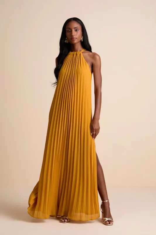 Exceptionally Elegant Marigold Pleated Chiffon Maxi Dress made by Lulus